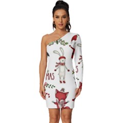 Christmas Characters Pattern Long Sleeve One Shoulder Mini Dress by Sarkoni