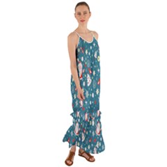 Christmas Pattern Santa Blue Cami Maxi Ruffle Chiffon Dress by Sarkoni