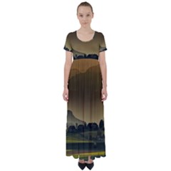 Mountains Village Trees Hills High Waist Short Sleeve Maxi Dress by Sarkoni