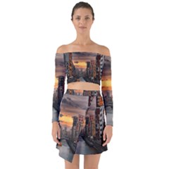 River Buildings City Urban Off Shoulder Top With Skirt Set by Sarkoni