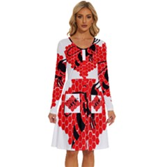 Bee Logo Honeycomb Red Wasp Honey Long Sleeve Dress With Pocket by Amaryn4rt