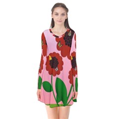 Flowers Butterflies Red Flowers Long Sleeve V-neck Flare Dress by Sarkoni