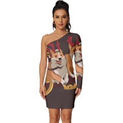 Christmas Santa Claus Dog Sled Long Sleeve One Shoulder Mini Dress by Sarkoni