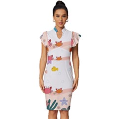 Cartoon Marine Life Marine Drawing Vintage Frill Sleeve V-neck Bodycon Dress by Sarkoni