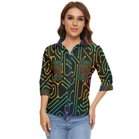 Circuit Hexagonal Geometric Pattern Background Pattern Women s Quarter Sleeve Pocket Shirt by Vaneshop