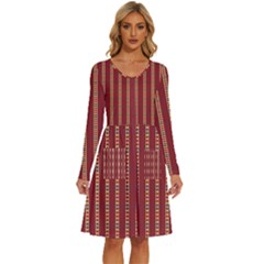 Pattern Background Red Stripes Long Sleeve Dress With Pocket by Amaryn4rt