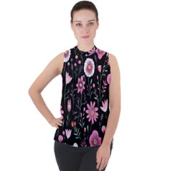 Flowers Pattern Mock Neck Chiffon Sleeveless Top by Ravend