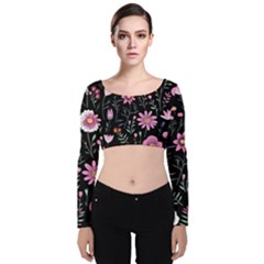 Flowers Pattern Velvet Long Sleeve Crop Top by Ravend