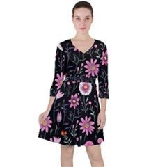 Flowers Pattern Quarter Sleeve Ruffle Waist Dress by Ravend