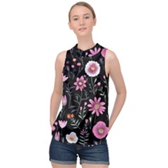 Flowers Pattern High Neck Satin Top by Ravend