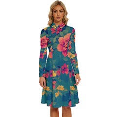 Floral Art Flowers Textile Long Sleeve Shirt Collar A-line Dress by Ravend