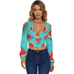 Watermelon Fruit Slice Long Sleeve Deep-v Velour Top by Ravend