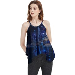 Illuminated Cityscape Against Blue Sky At Night Flowy Camisole Tank Top by Modalart