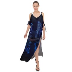 Illuminated Cityscape Against Blue Sky At Night Maxi Chiffon Cover Up Dress by Modalart