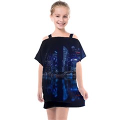 Illuminated Cityscape Against Blue Sky At Night Kids  One Piece Chiffon Dress by Modalart