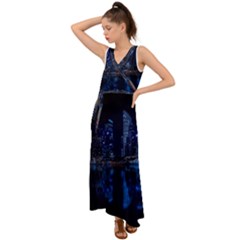 Illuminated Cityscape Against Blue Sky At Night V-neck Chiffon Maxi Dress by Modalart