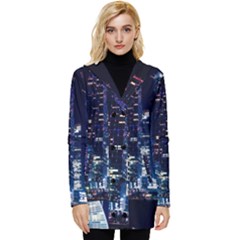 Black Building Lighted Under Clear Sky Button Up Hooded Coat  by Modalart