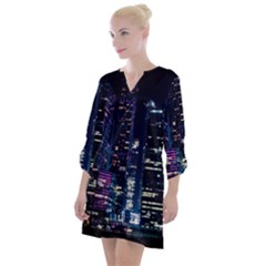 Black Building Lighted Under Clear Sky Open Neck Shift Dress by Modalart