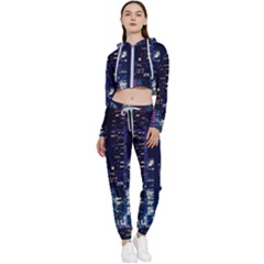 Black Building Lighted Under Clear Sky Cropped Zip Up Lounge Set by Modalart