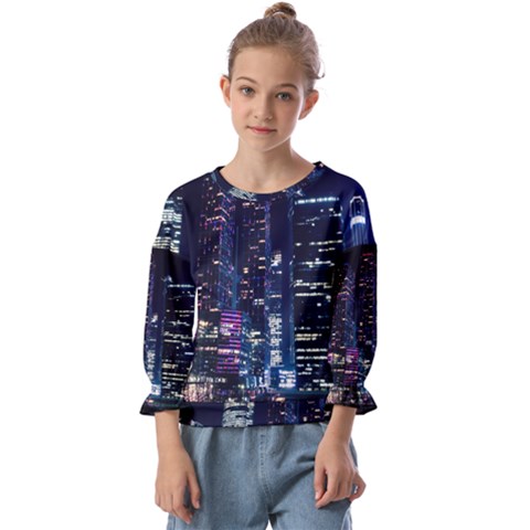 Black Building Lighted Under Clear Sky Kids  Cuff Sleeve Top by Modalart