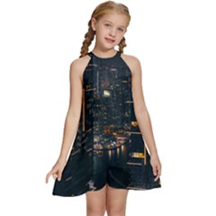 Photo Of Buildings During Nighttime Kids  Halter Collar Waist Tie Chiffon Dress by Modalart