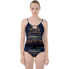 Blue Yellow And Green Lighted Pagoda Tower Cut Out Top Tankini Set by Modalart