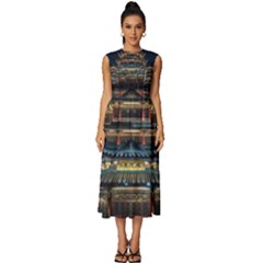 Blue Yellow And Green Lighted Pagoda Tower Sleeveless Round Neck Midi Dress by Modalart