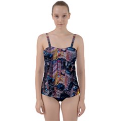 Aerial Photo Of Cityscape At Night Twist Front Tankini Set by Modalart