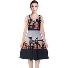 Bicycles Wheel Sunset Love Romance V-neck Midi Sleeveless Dress  by Amaryn4rt