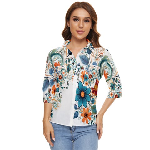 Flowers Scrapbook Decorate Women s Quarter Sleeve Pocket Shirt by Grandong