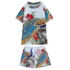 Birds Peacock Artistic Colorful Flower Painting Kids  Swim T-shirt And Shorts Set by Sarkoni