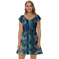 Blue And Green Peacock Short Sleeve Tiered Mini Dress by Sarkoni