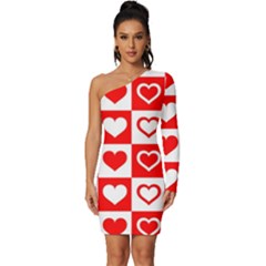 Background Card Checker Chequered Long Sleeve One Shoulder Mini Dress by Sarkoni