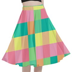 Checkerboard Pastel Square A-line Full Circle Midi Skirt With Pocket by Grandong