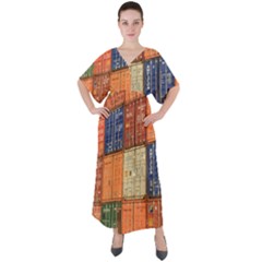 Blue White Orange And Brown Container Van V-neck Boho Style Maxi Dress by Amaryn4rt