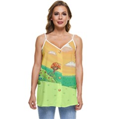 Green Field Illustration Adventure Time Multi Colored Casual Spaghetti Strap Chiffon Top by Sarkoni