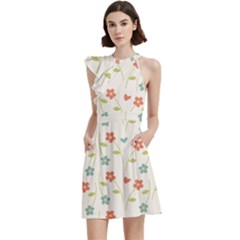 Floral Pattern Wallpaper Retro Cocktail Party Halter Sleeveless Dress With Pockets by Apen