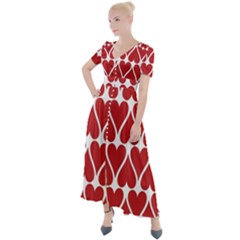 Hearts Pattern Seamless Red Love Button Up Short Sleeve Maxi Dress by Apen