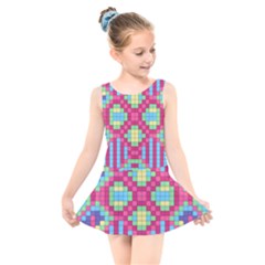 Checkerboard Squares Abstract Texture Pattern Kids  Skater Dress Swimsuit by Apen