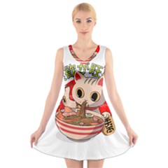 Ramen Cat Noodles Cute Japanes V-neck Sleeveless Dress by Modalart