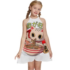 Ramen Cat Noodles Cute Japanes Kids  Halter Collar Waist Tie Chiffon Dress by Modalart