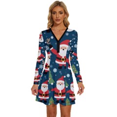 Christmas Decoration Long Sleeve Deep V Mini Dress  by Ravend