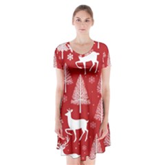 Christmas Tree Deer Pattern Red Short Sleeve V-neck Flare Dress by Ravend