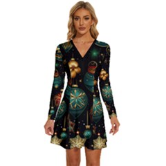 Christmas Ornaments Pattern Long Sleeve Deep V Mini Dress  by Ravend