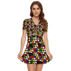 Graphic Pattern Rubiks Cube Cubes V-neck High Waist Chiffon Mini Dress by Ravend