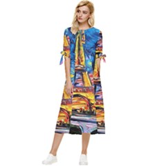 Eiffel Tower Starry Night Print Van Gogh Bow Sleeve Chiffon Midi Dress by Modalart