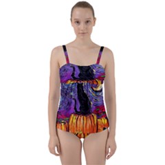 Halloween Art Starry Night Hallows Eve Black Cat Pumpkin Twist Front Tankini Set by Modalart