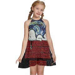 Cartoon Dog House Van Gogh Kids  Halter Collar Waist Tie Chiffon Dress by Modalart