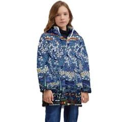 Mosaic Art Vincent Van Gogh Starry Night Kids  Hooded Longline Puffer Jacket by Modalart