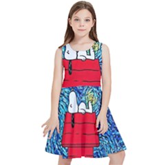 Cartoon Dog Starry Night Van Gogh Parody Kids  Skater Dress by Modalart